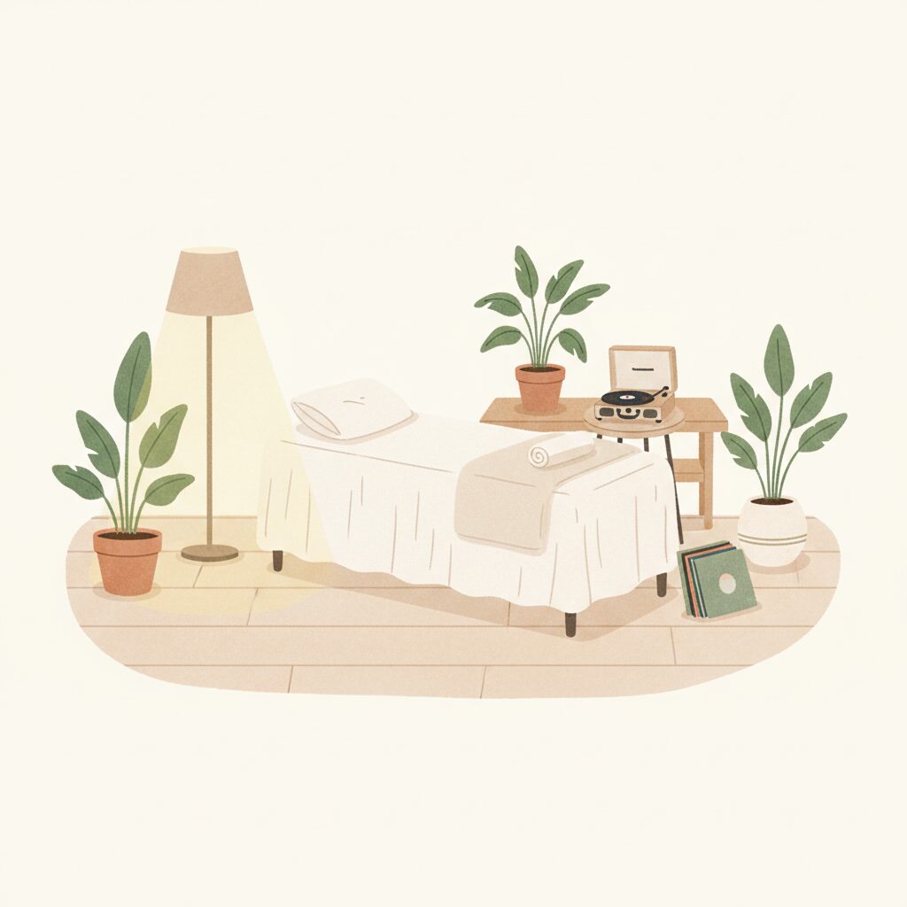 植物に囲まれた静かな個室のイラスト
